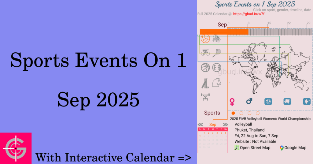 Sports events on 1 September 2025 with Interactive Calendar