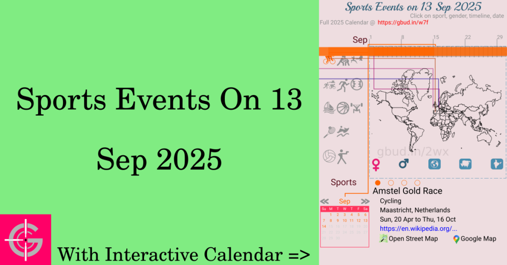 Sports events on 13 September 2025 with Interactive Calendar