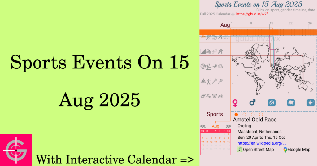 Sports events on 15 August 2025 with Interactive Calendar