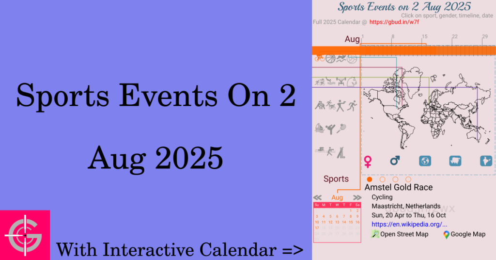 Sports events on 2 August 2025 with Interactive Calendar