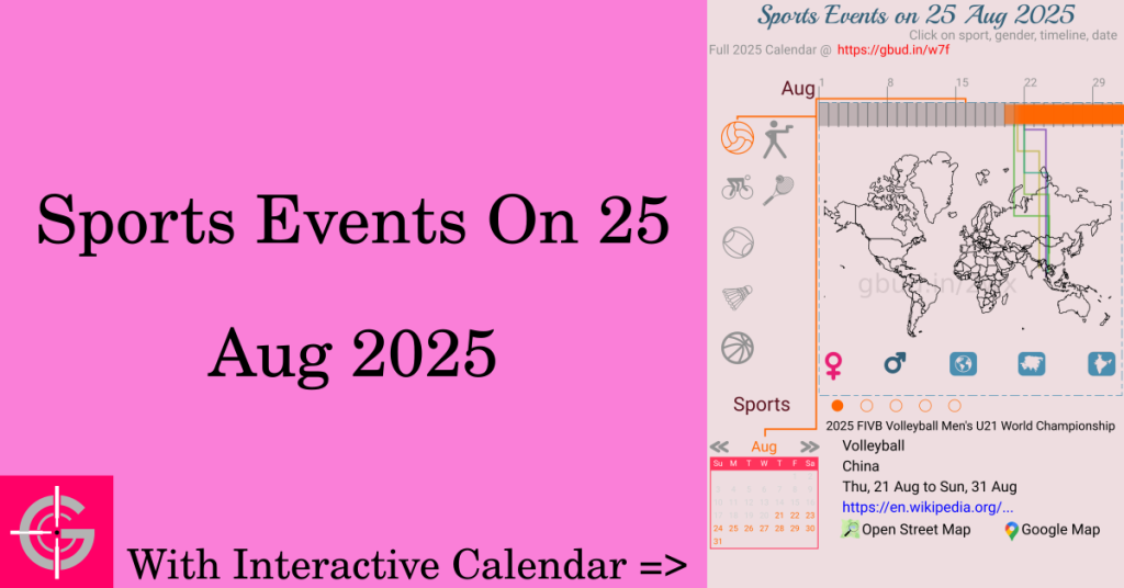 Sports events on 25 August 2025 with Interactive Calendar