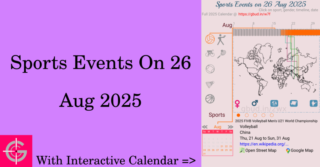 Sports events on 26 August 2025 with Interactive Calendar