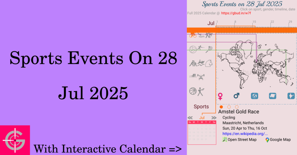 Sports events on 28 July 2025 with Interactive Calendar