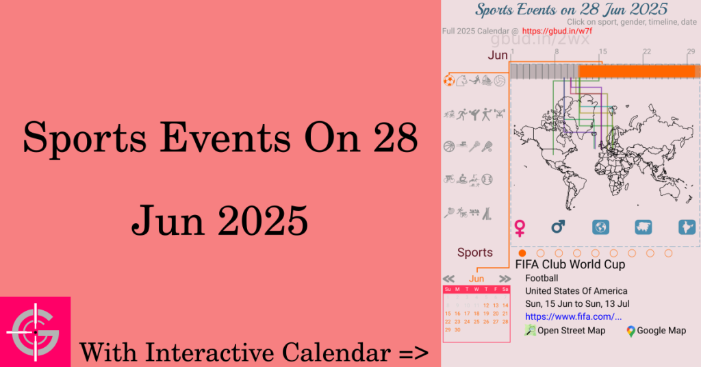 Sports events on 28 June 2025 with Interactive Calendar