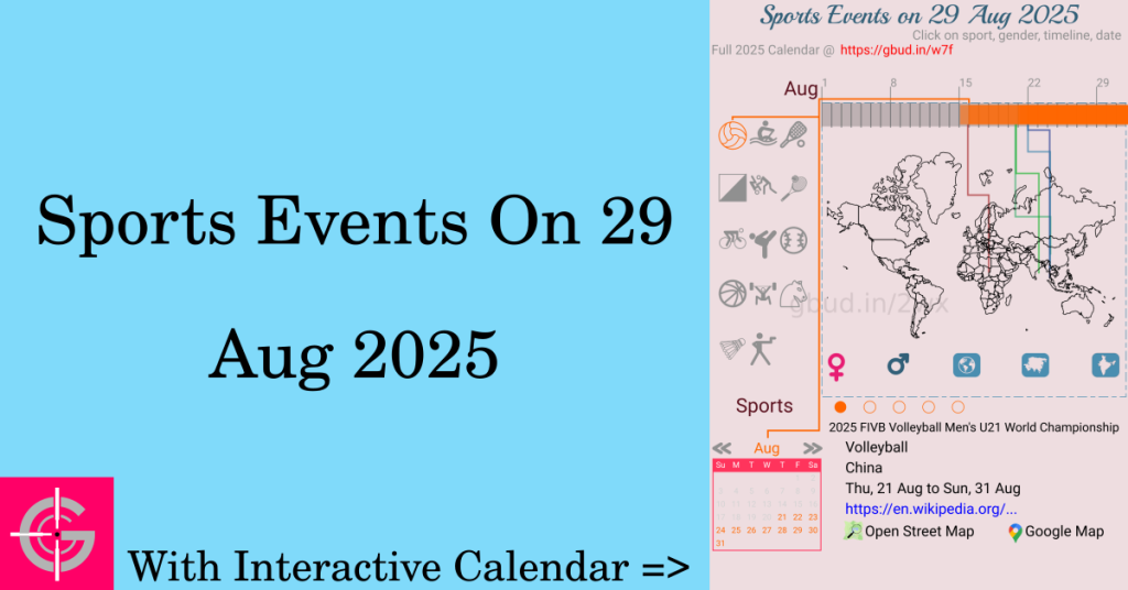 Sports events on 29 August 2025 with Interactive Calendar