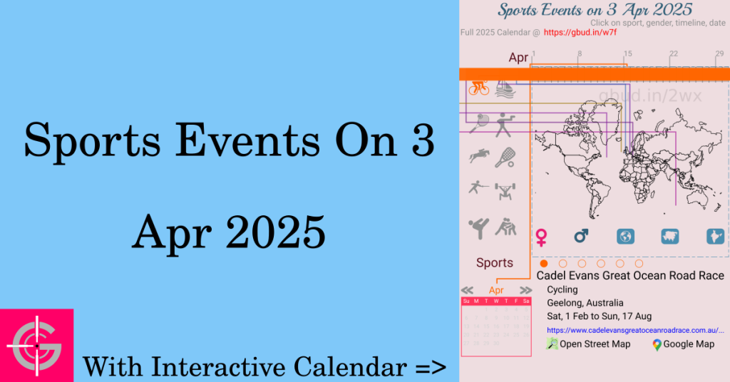 Sports events on 3 April 2025 with Interactive Calendar