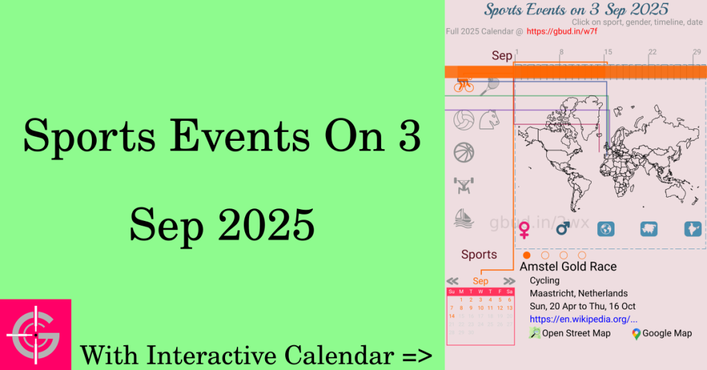 Sports events on 3 September 2025 with Interactive Calendar