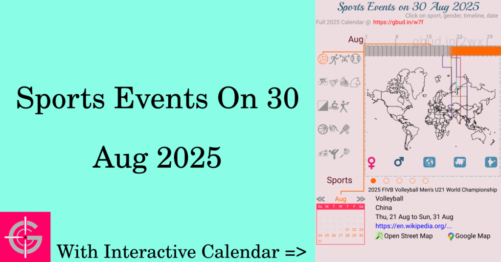 Sports events on 30 August 2025 with Interactive Calendar