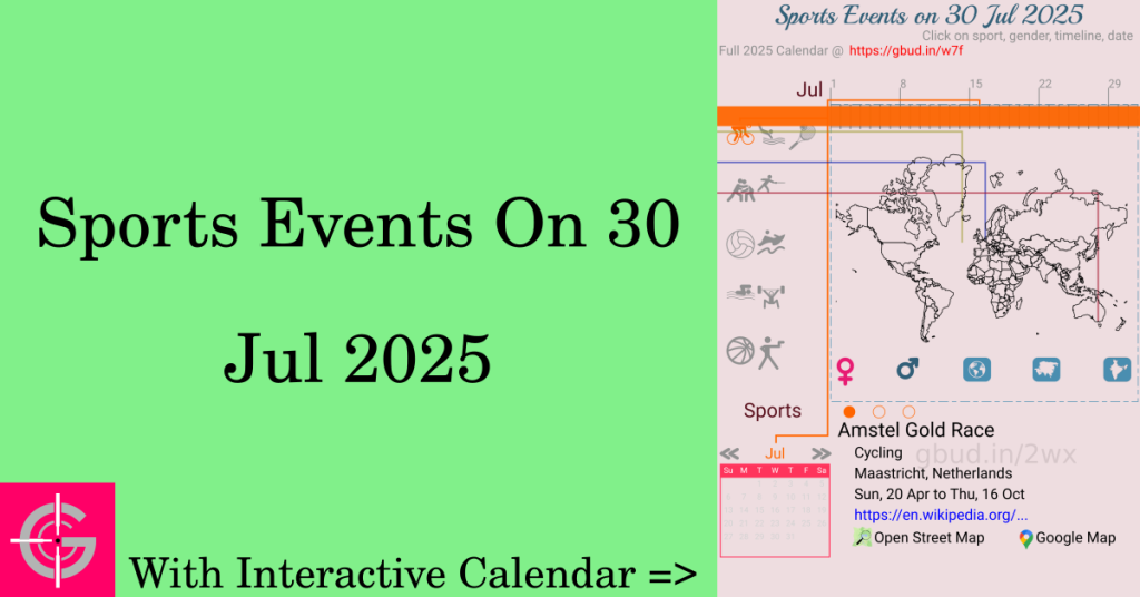 Sports events on 30 July 2025 with Interactive Calendar