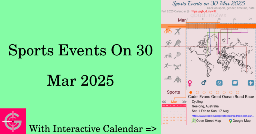 Sports events on 30 March 2025 with Interactive Calendar