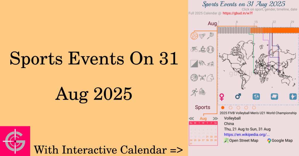 Sports events on 31 August 2025 with Interactive Calendar