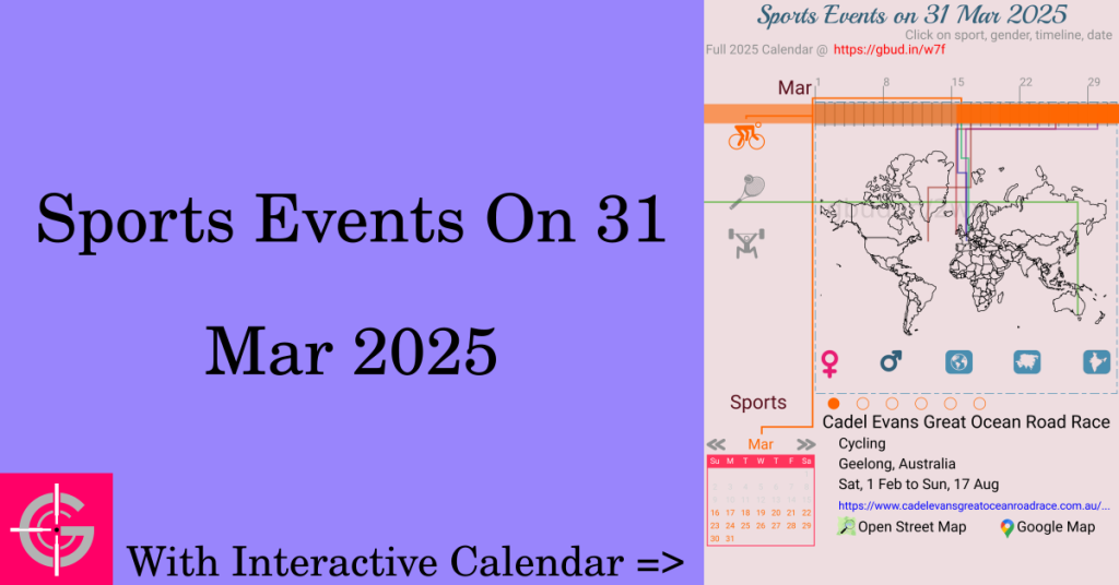 Sports events on 31 March 2025 with Interactive Calendar