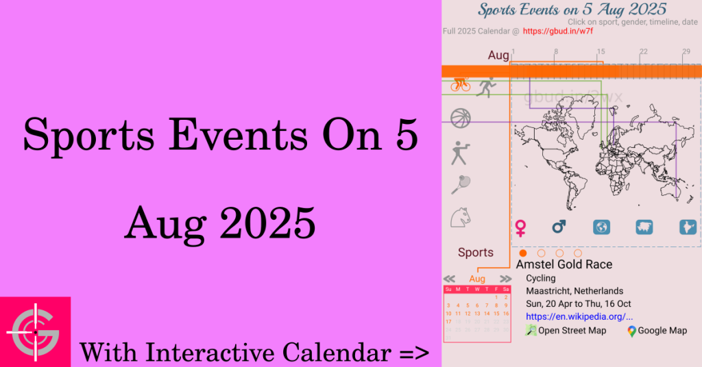 Sports events on 5 August 2025 with Interactive Calendar