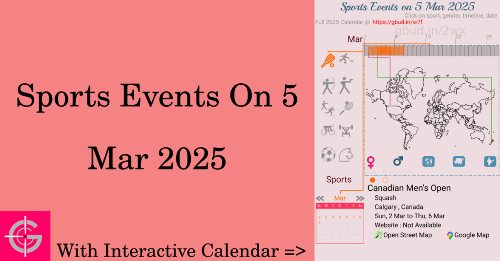 Sports events on 5 March 2025 with Interactive Calendar