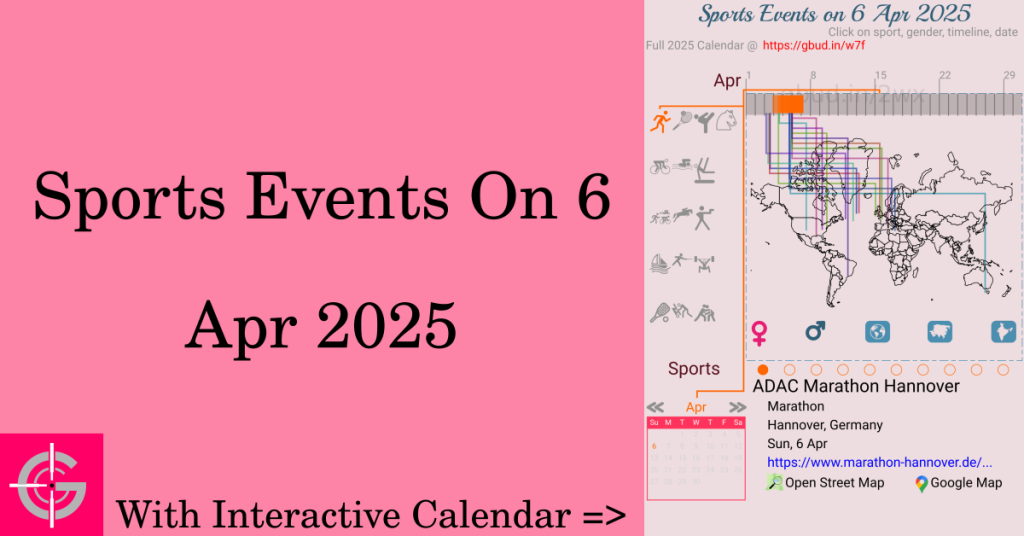 Sports events on 6 April 2025 with Interactive Calendar