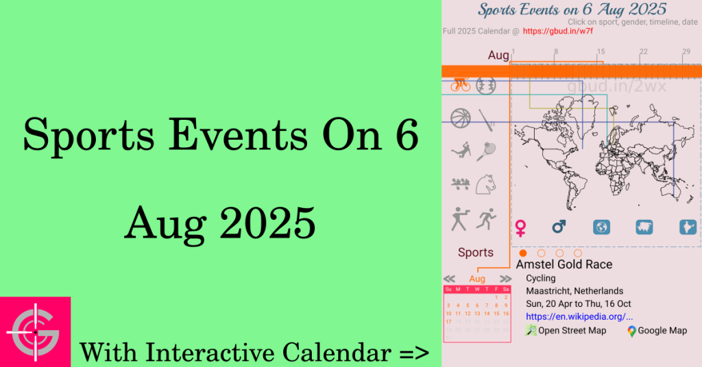 Sports events on 6 August 2025 with Interactive Calendar