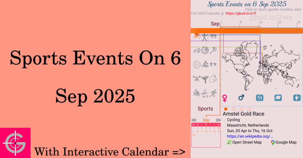 Sports events on 6 September 2025 with Interactive Calendar