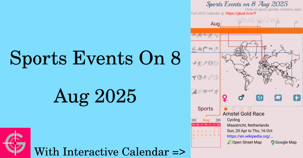 Sports events on 8 August 2025 with Interactive Calendar